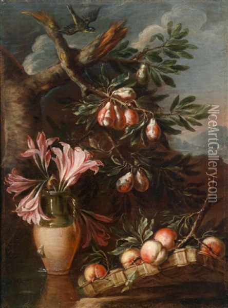 Groses Blumen- Und Fruchtestillleben Vor Einer Sudlandischen Berglandschaft Oil Painting - Felice Boselli