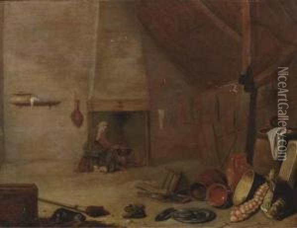 A Barn Interior With A Peasant Cooking On A Fire Oil Painting - Cornelis Saftleven