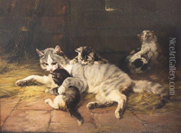 Cat Mother With Kittens Oil Painting - Julius Adam the Younger