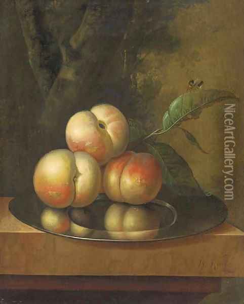 Peaches and a bee on a pewter platter Oil Painting - Johan Christiaan Roedig