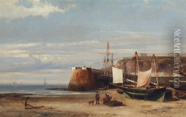 On The Beach Of A Dutch Port Oil Painting - Hermanus Koekkoek the Younger