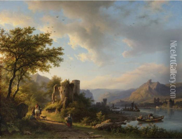A Landscape With Travelers And Boats Along The Moselle River Oil Painting - Barend Cornelis Koekkoek