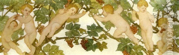 Putti Frolicking In A Vineyard Oil Painting - Phoebe Anna Traquair