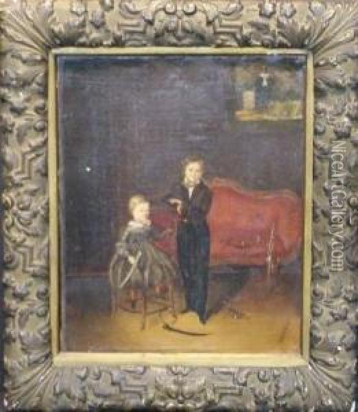 Two Children In An Interior Oil Painting - I.G. Weber