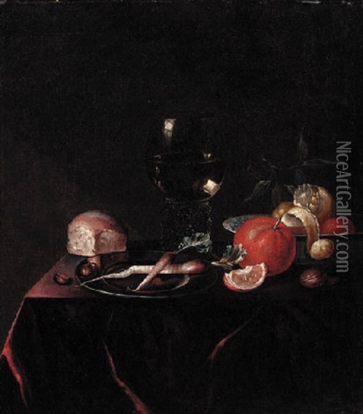 Fruit In A Porcelain Bowl, Radishes On A Pewter Dish, With A Roemer And A Breadroll On A Draped Table Oil Painting - Pieter Van Den Bosch
