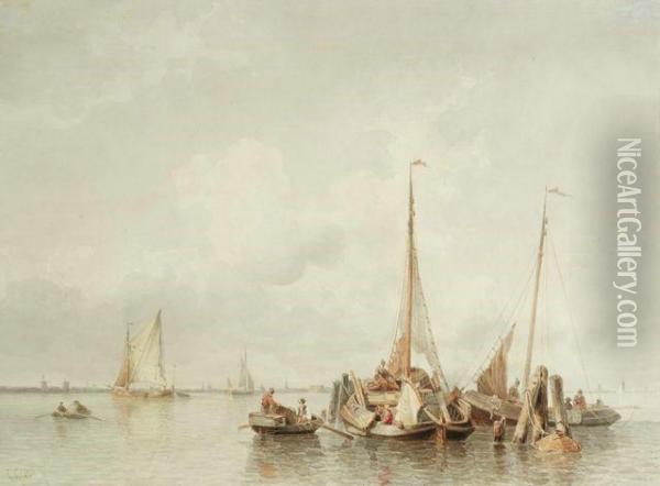 Lastboote Auf Einem Hollandischen Kanal. Oil Painting - Everhardus Koster