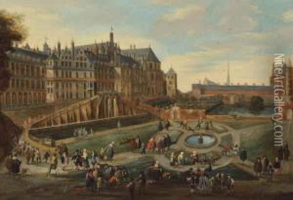 A View Of The Royal Court At Brussels With Figures Conversing In The Palace Garden Oil Painting - Martin Andreas Reisner