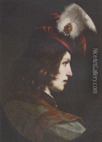 Portrait Of A Young Man Wearing A Feathered Cap Oil Painting - Cesare Dandini