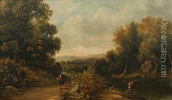 Figures On A Pathbeside A Wooded Stream Oil Painting - Henry Harris