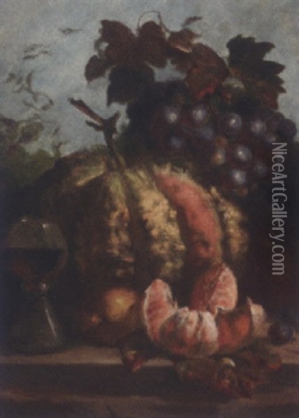 Grapes, A Peeled Orange, A Squash, And A Glass Of Wine, On A Wooded Ledge Oil Painting - Thomas Whittle the Elder