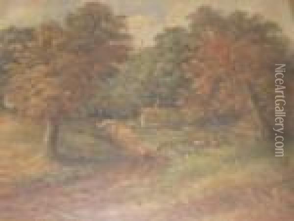 Rural Landscape Scene With Figures, Farm Animals And Cottage Oil Painting - Christopher Mark Maskell