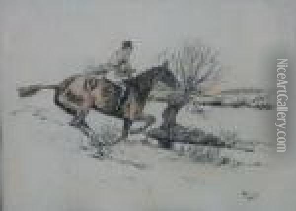 Huntsman Preparing To Jump A Stream Oil Painting - Cecil Charles Aldin