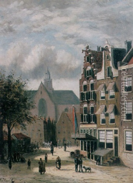Figures In The Streets Of A Dutch Town Oil Painting - Johannes Frederik Hulk the Elder