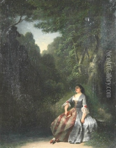 Schlafende Schone Im Wald, Im Hintergrund Ein Flotenspielender Faun Oil Painting - August Vischer