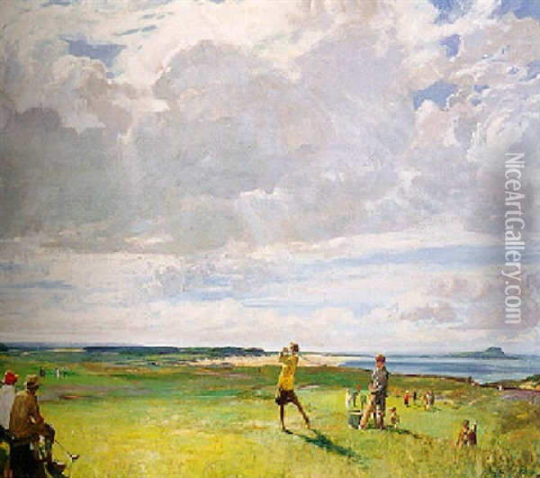 Playing Golf At North Berwick Oil Painting - John Lavery