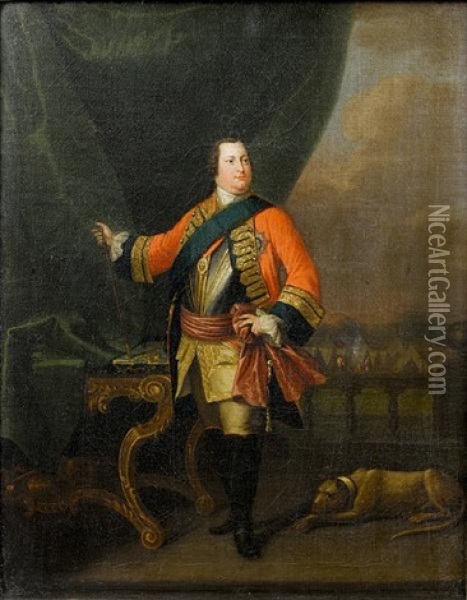 Portrait Of William Augustus, Duke Of Cumberland, In Military Uniform, Standing In A Loggia Before A Military Encampment Oil Painting - David Morier
