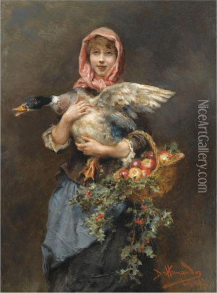 Muchacha Con Pato (the Duck Girl) Oil Painting - Daniel Hernandez Morillo