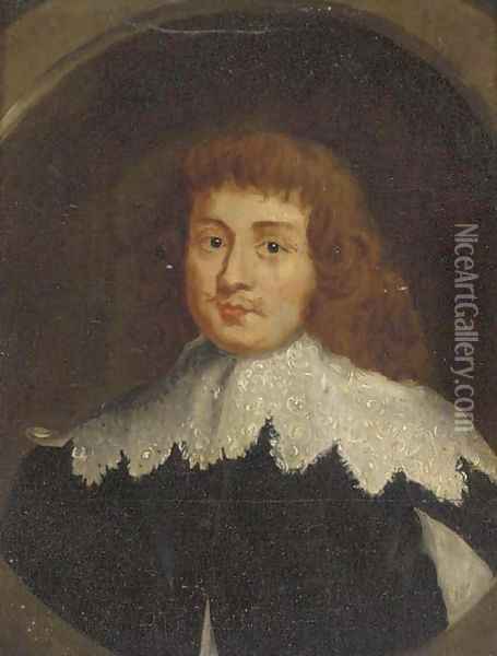 Portrait of a gentleman, bust-length, in a black jacket and a white collar, in a feigned oval Oil Painting - Sir Peter Lely