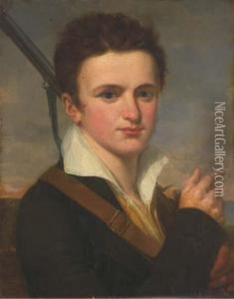 Portrait D'un Jeune Homme Au Fusil Oil Painting - Louis Petit