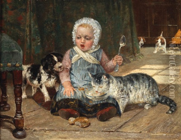 Child With Cat And Dog Oil Painting - Wilhelm Heinrich Schaumann