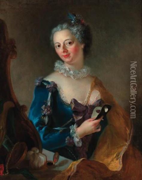 Portrait Of A Lady, Seated 
Half-length, Wearing A Blue Dress Withwhite Lace Trim Before A Mirror, 
Holding A Mask In Her Righthand Oil Painting - Alessandro Longhi