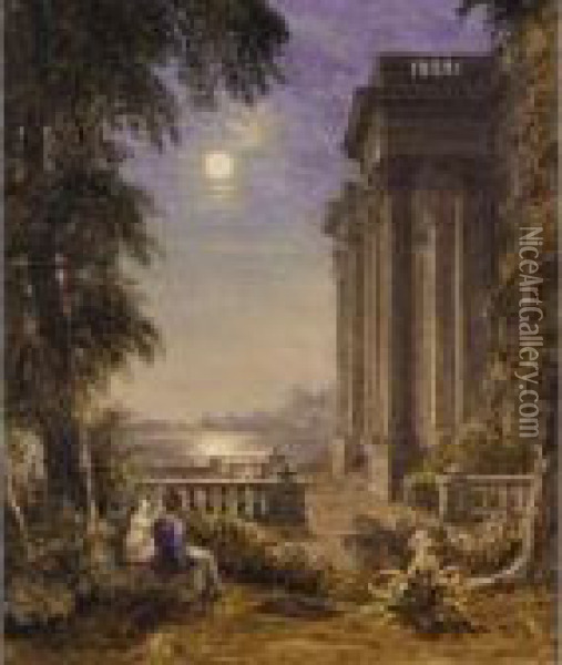 Figures In The Moonlight By A Classical Building Oil Painting - George Jnr Barrett