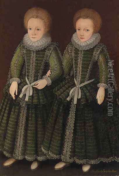 Double portrait of two young Girls traditionally identified as Elizabeth and Sarah Poulett Oil Painting - English School