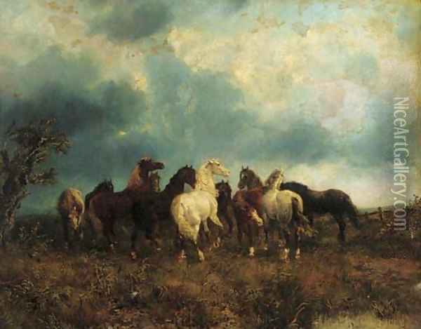 Wild horses Oil Painting - English School