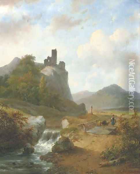 Crossing a bridge in a mountainous landscape Oil Painting - Andreas Schelfhout