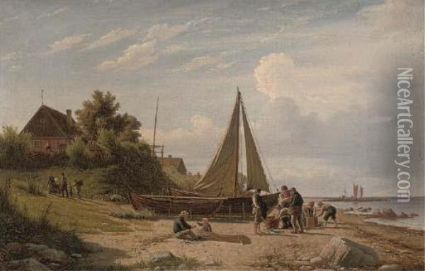 Selling Fish On The Shore Oil Painting - Peter Johann Raadsig