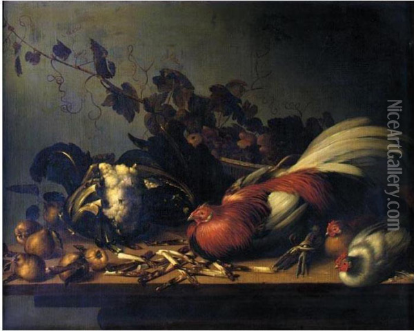 A Still Life Of A Cockerel And Chicks On A Ledge Surrounded By Asparagus, Cauliflower And Pears, A Basket Of Mixed Fruit Behind Oil Painting - Balthasar Huys