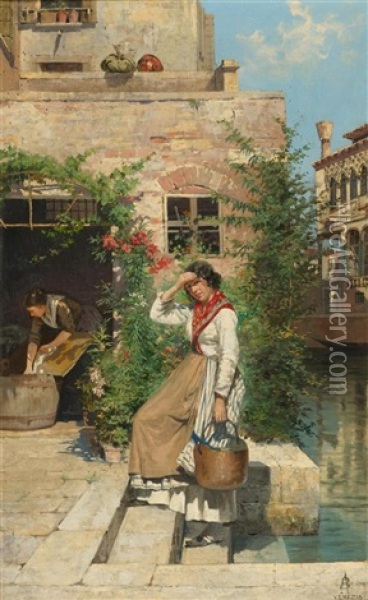 Venezianische Wascherin Am Kanal Oil Painting - Antonietta Brandeis
