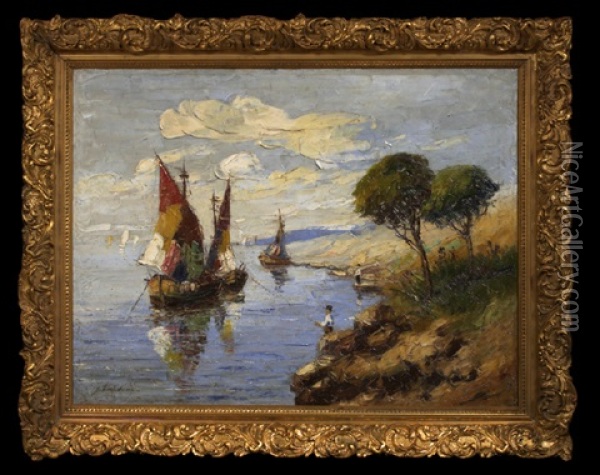 Coastal View With Fisherman And Sailboats Oil Painting - Georgi Alexandrovich Lapchine