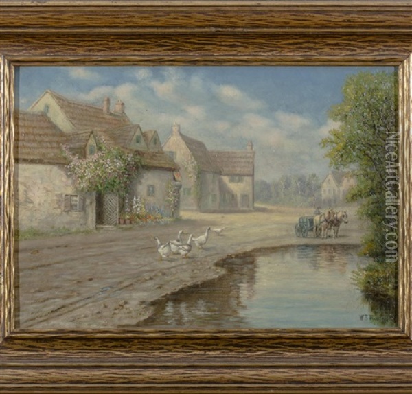 Cottages And Geese Beside A Pond Oil Painting - William T. Robinson