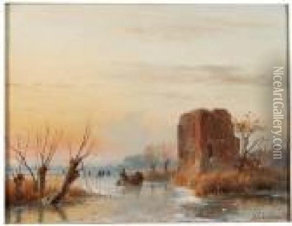 A Sunny Winter's Day With Skaters By A Fortified Ruin Oil Painting - Andreas Schelfhout