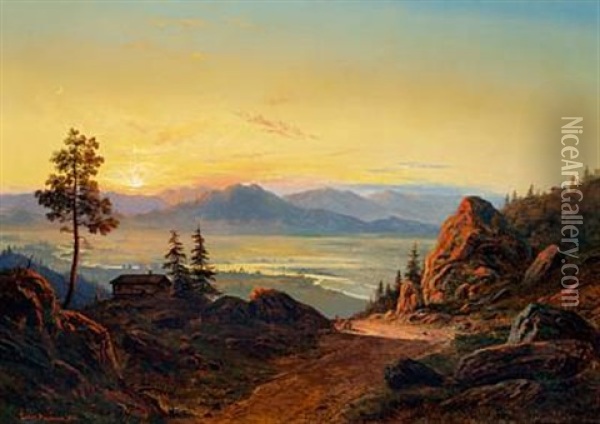 Mountainous Landscape With A Cabin In The Sunset, Sweden Oil Painting - Carl Ludwig Ferdinand Messmann