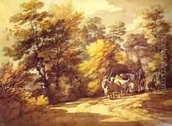 Wooded Landscape With A Waggon In The Shade 1760s Oil Painting - Thomas Gainsborough