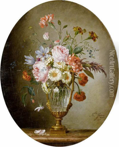 Bouquet Of Flowers In A Glass Cup Oil Painting - Jouanon
