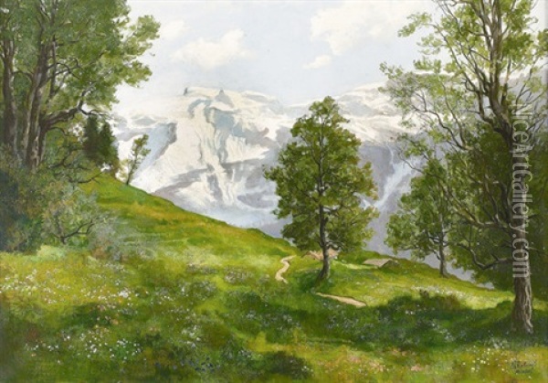 Bayerische Alpenpartie Im Fruhling Oil Painting - Theodor Recknagel
