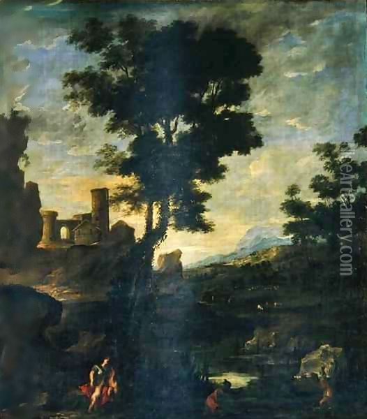 Landscape with Leto and the peasants transformed into frogs Oil Painting - Benito-Manuel de Aguero