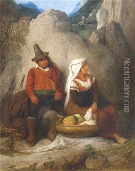 Figures Resting By A Rock Oil Painting - Edward Villiers Rippingille