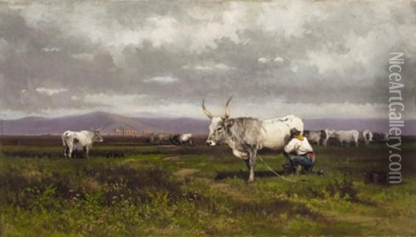 Paisaje Con Ganado (landscape With Cow) Oil Painting - Baldomero Galofre Gimenez
