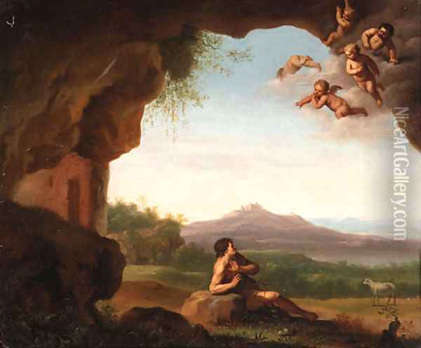 Saint John the Baptist in the Wilderness with Cherubs above Oil Painting - Jan Van Hanesbergen