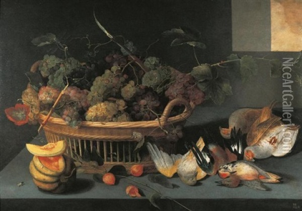 Stilleben Mit Trauben, Vogeln Und Einer Melone Auf Einem Tisch Oil Painting - Pieter Binoit