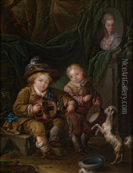 Portrat Zweier Kinder Als Musikanten Vor Einer Buste Ihrer Mutter Oil Painting - Jacques Fabien Gautier d'Agoty