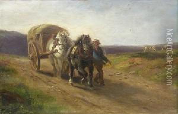 Heavy Horses Driving A Hay Cart Oil Painting - Alexis de Leeuw