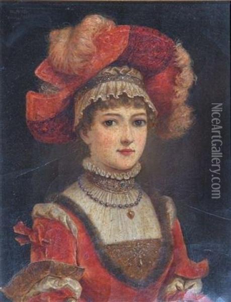 A Quarter Length Portrait Of A Lady Wearing A Fur Trimmed Red Dress And Red Feathered Hat Oil Painting - M. Hifter