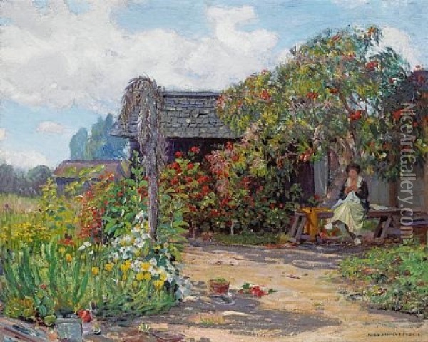 Woman In A Garden Sewing Oil Painting - Joseph Kleitsch