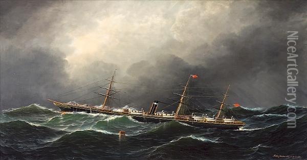 The City Of Berlin Steamship On High Seas, Newyork Oil Painting - Antonio Nicolo Gasparo Jacobsen