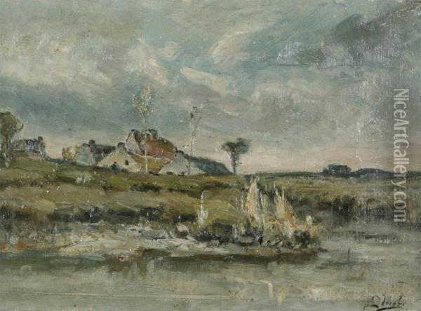 Water Landscape With Farmhouses Oil Painting - Louis Adolphe E. Jacobs